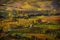 Un paesaggio bucolico sulla campagna di Montepulciano, Toscana, Italia. Una bella immagine scattata dall'alto della città con i colori autunnali.


