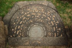 Una bella pietra della luna decorata a Polonnaruwa, Sri Lanka. La si può ammirare all'ingresso del tempio buddhista.

