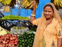 Una donna al mercato di Jaisalmer vende frutta e verdura, Rajasthan, India. L'abito indossato è un tipico sari indiano - © Matt Hahnewald / Shutterstock.com