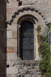 Una finestra con vegetazione sulla facciata della chiesa di Saint-Leger a Cognac, Francia.

