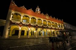 Una splendida veduta del Municipio di Merida, Yucatan, fotografato di notte. Davanti, una carrozza trainata da un cavallo in attesa di turisti.
