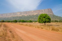 Una strada con polvere rossa nella regione di Fouta Djalon, Guinea, Africa.

