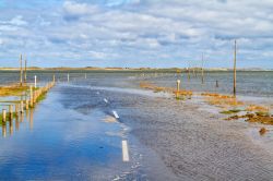 Una strada sommersa fra Beal e l'isola di Lindisfarne, Northumberland, Inghilterra.
