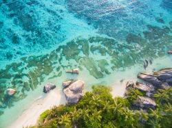 Veduta della spiaggia tropicale Anse Source d'Argent a La Digue, Seychelles. Le acque cristalline dell'Oceano Indiano lambiscono il litorale di quest'isola fronteggiata da una estesa ...