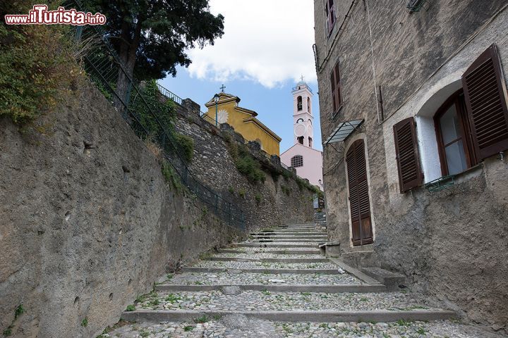Immagine Una scala di pietra conduce alla Chiesa dell'Annunciazione, nella cittadella di Corte, Corsica - il fascino di Corte si racchiude proprio qui: nelle case di pietra, nelle stradine e nelle scalinate lastricate di ciottoli, che conducono ad angoli dalla bellezza sorprendente. Dirigendosi al Belvedere di Corte, dal quale si può ammirare un paesaggio semplicemente mozzafiato sulle valli della Restonica e del Tavignano, non si può non fermarsi per una visita alla Chiesa dell'Annunciazione, con i suoi interni dalla raffinata bellezza artistica e il suo campanile imponente. 