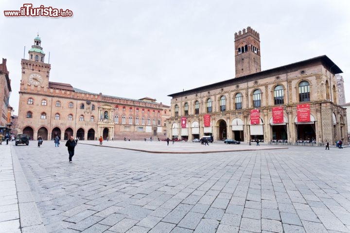 Immagine La pavimentazione di Piazza Maggiore: si noti il rilazo centrale, chiamato il crescentone, che porta ancora i segni lasciati da un carro armato statunitense, inferti al momento delle concitate fasi della liberazione di Bologna - © vvoe / Shutterstock.com