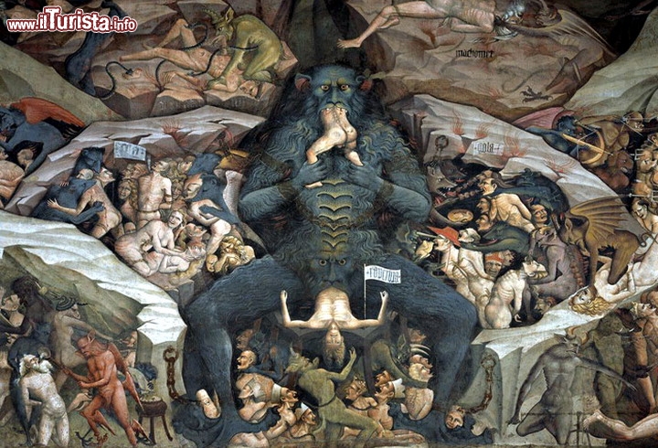 Immagine Giovanni da Modena: una scena dell'Inferno, nella parte bassa del suo affresco del Giudizio Universale San Petronio Bologna. Nella parte in a alto a destra si scorge la raffigurazione del profeta Maometto, il particolare che ha suscitato tante polemiche ed ha costretto le forze dell'ordine ad organizzare una protezione speciale per la chiesa di Bologna. - © www.poderesantapia.com  - Wikimedia Commons