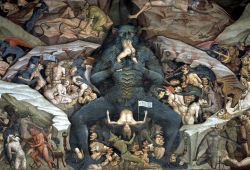 Giovanni da Modena: una scena dell'Inferno, nella parte bassa del suo affresco del Giudizio Universale San Petronio Bologna. Nella parte in a alto a destra si scorge la raffigurazione del ...