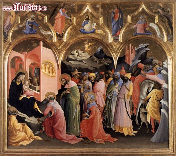 Immagine Adorazione dei Magi, il dipinto agli Uffizi di Lorenzo Monaco - Innovativo per lo stile, all'avanguardia per la composizione architettonica racchiusa nel dipinto, decisamente audace per la scelta dei colori e della realizzazione dello sfondo. Un'adorazione dei Magi decisamente insolita, che taglia il collegamento con l'arte più classica e tradizionale, senza lasciarla fuori ma riproponendola con un gusto moderno.