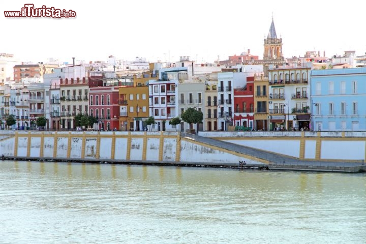 Immagine Barrio de Triana con le case colorate che s'affacciano sul canale Alfonso XIII, che separandosi dal fiume di Guadalquivir forma anche l'isola della Cartuja - © Ana del Castillo
/ Shutterstock.com