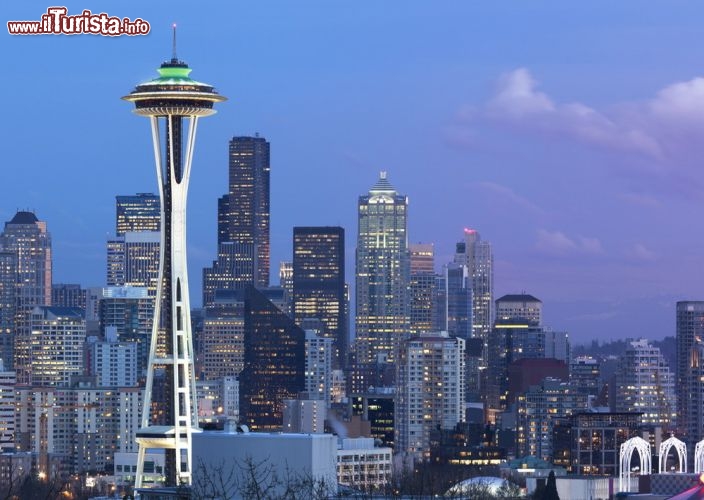 Space Needle, Seattle, Expo 1962 - Si chiama "ago spaziale", The Space Needle, la torre realizzata nel 1962 per celebrare la fiera di Seattle, divenuta ora icona della città. Alta circa 184 metri e larga 50 metri nel punto più generoso, è stata costruita per reggere a raffiche di vento fino a 320 km/h e a terremoti. Oltre al pontile di osservazione a 160 metri, è dotata di un ristorante, lo Sky City Restaurant, e di un negozio. A farle compagnia è il Seattle Center Monorail, la monorotaia considerata futurista quando venne costruita e che ancora oggi funziona assicurando corse ogni 10 minuti  - © TinaImages / Shutterstock.com