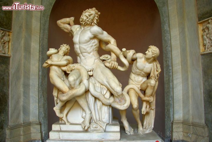 Immagine La decorazione scultorea del Laocoonte e suoi figli, nota anche come Gruppo del Laocoonte, è un'opera in marmo alta 242 cm realizzata da Agesandro, Atanodoro e Polidoro, scultori greci attivi nell'epoca tardo ellenistica. Conservata nei locali del Museo Pio Clementino del Vaticano, la statua raffigura l'episodio narrato nell'Eneide di Virgilio in cui il troiano Laocoonte con i suoi figli viene assalito dai serpenti marini. Fu rinvenuta nel Gennaio 1506 nelle vicinanze della Domus Aurea di Nerone ai cui scavi parteciparono anche Michelangelo e Giuliano da Sangallo, architetto inviato dal papa per valutare l'importante ritrovamento - © binio / Shutterstock.com