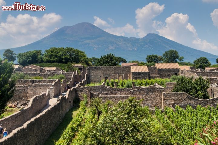 Immagine Il profilo del Vesuvio incombe ancora oggi sugli scavi di Pompei, la città romana che venne sepolta quasi 2.000 anni fa dall'eruzione del vulcano partenopeo. All'epoca il vulcano doveva essere più grande, dato che l'esplosione della montagna dovrebbe avere ridutto di parecchie centinaia di metri l'altezza complessiva dell'edificio vulcanico - © Matyas Rehak / Shutterstock.com