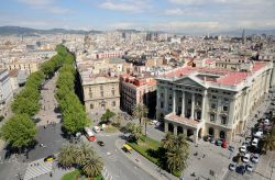 La vista dal Mirador de Colom a Barcellona: a sinistra il viale alberato della Rambla de Santa Monica. sulla destra un edificio della difesa spagnola - © Philip Lange / Shutterstock.com ...