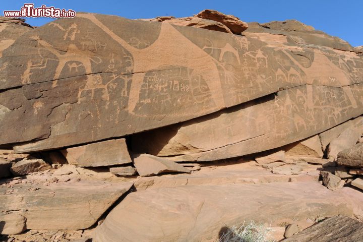 Arte rupestre della regione di Hail – Arabia Saudita 
Questo luogo Patrimonio Unesco raggruppa due paesaggi desertici: il monte Umm Sinman a Jubbah e le montagne al-Manjor e Raat a Shuwaymis. La catena di colline di Umn Sinman si affaccia su un suggestivo lago di acqua dolce, oggi purtroppo scomparso, che un tempo forniva acqua agli uomini e agli animali nella parte sud del gran deserto di Nefoud. Gli antenati delle popolazioni arabe attuali hanno lasciato tracce della loro presenza con numerose iscrizioni e pitture rupestri. Le montagne di al-Manior e Raat formano le pareti rocciose di un fiume ormai insabbiato impreziosite da un gran numero di raffigurazioni umane e animali che riguardano circa 10 mila anni di storia. - © UNESCO / Dr Majeed Khan / Saudi Commission for Tourism and Antiquities