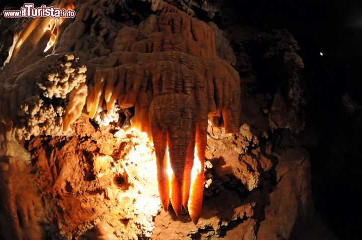 Immagine Una suggestiva stalattite calcarea nella grotta di Saint-Cezaire-sur-Siagne. Queste bizzarre formazioni si formano per via del prolungato deposito di minerali trasportati dalle acque che filtrano nella grotta, in particolare bicarbonato di calcio che poi diventa carbonato di calcio dando origine alle stalattite. La formazione di grandi stalattiti richiede tempi lunghissimi che possono raggiungere anche migliaia di anni - © Sonja Vietto Ramus