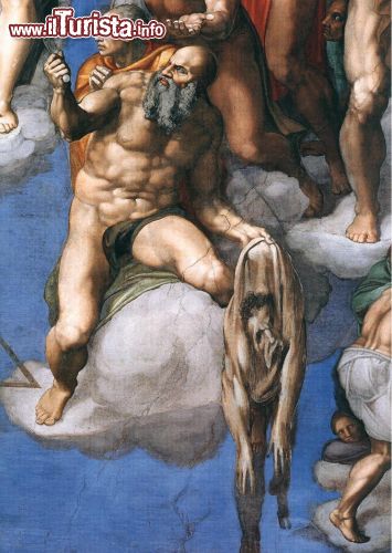 Immagine Il probabile autoritratto di Michelangelo, che si può notare ammirando il Giudizio Universale nella Cappella Sistina di Roma - In realtà non vi sono particolari testimonianza del fatto che questo autoritratto si possa attribuire a Michelangelo, ma ai critici d'arte è sempre piaciuto pensarlo o ricostruirlo in modo che si porti lo spettatore a pensarlo. Potrebbe essere una semplice coincidenza e comunque non potrebbe essere fonte di scalpore, che Michelangelo fosse provato dopo i lavori alla Cappella Sistina è fuori discussione- © Wikimedia Commons.