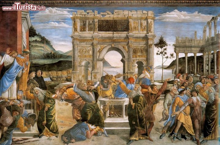 Immagine La  Punizione dei figli di Core, l'opera di Sandro Botticelli sita tra gli affreschi laterali della Cappella Sistina - Uno stile per certi versi simile a quello di Michelangelo Buonarroti, ma il Botticelli si contraddistingue per un legame più profondo che lo lega all'arte greca. Più generosi i volumi e meno perfezionismo, al contrario dell'artista fiorentino, le cui precisioni sono sempre impeccabili in ogni canone e misurazione. Come si può vedere dall'immagine, infatti, si respira volume e grandezza non proprio proporzionate tra di loro armonicamente - © Wikimedia Commons.