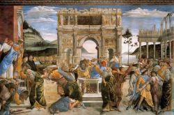 La  Punizione dei figli di Core, l'opera di Sandro Botticelli sita tra gli affreschi laterali della Cappella Sistina - Uno stile per certi versi simile a quello di Michelangelo Buonarroti, ...