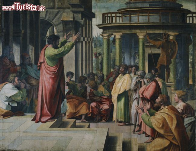 Immagine San Paolo predica agli ateniesi, cartone di Raffaello, servito per la creazione degli arazzi posti all'interno della Cappella Sistina - uno straordinario potere inquietante si evince da questo scatto, forse per i colori particolarmente scuri o forse per la composizione in sé. Resta il fatto che un po' tetro e un po' misterioso, questo lavoro proveniente da un cartone di Raffaello come sempre conferma il grande tesoro che si cela all'interno della Cappella Sistina - © Wikimedia Commons.