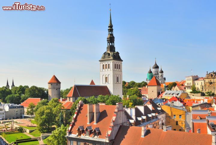 Immagine La Città vecchia di Tallin, con il tetto ed e campanile della Basilica San Nicola che si elevano sulle altre costruzioni del borgo - © Estea / Shutterstock.com