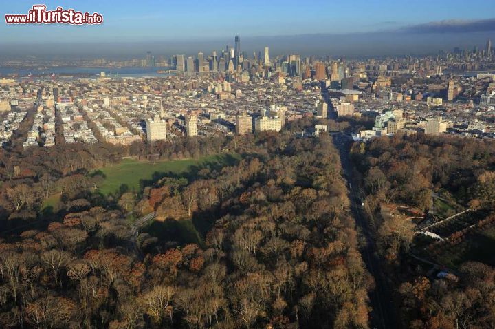 Immagine Foto aerea di Prospect Park. A incorniciare boschi e prati di quest'area verde di Brooklyn ci sono edifici e grattacieli di New York che con il loro profilo ne diventano la suggestiva skyline  - © T photography / Shutterstock.com