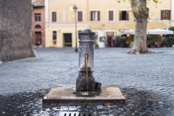 Una fontanella del rione Trastevere a Roma. Le fontane di Roma sono dotate di un foro sulla parte superiore della cannella che fa uscire l'acqua, e quindi basata tappare con un dito la cannella ...