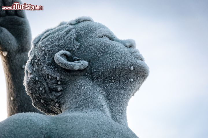 Immagine Un particolare di una statua dell'installazione Vigeland ricoperta da un velo di brina. Il parco Frogner ad Oslo è aperto 24 ore su 24 e 365 giorni all'anno, ed è quindi possibile ammirare l'opera di Gustav Vigeland nei colori delle quattro stagioni - © Nanisimova / Shutterstock.com