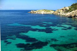 Il mare cristallino dell'Arenella, la spiaggia a nord di Giglio Porto, con vista verso il Monte Argentario