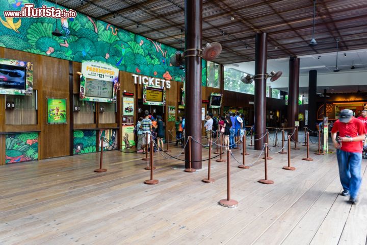 Immagine La biglietteria dello Zoo di Singapore. Legno e decorazioni che ritraggono animali e vegetazione impreziosiscono l'atrio che ospita la biglietteria del parco faunistico della città - © Trong Nguyen / Shutterstock.com