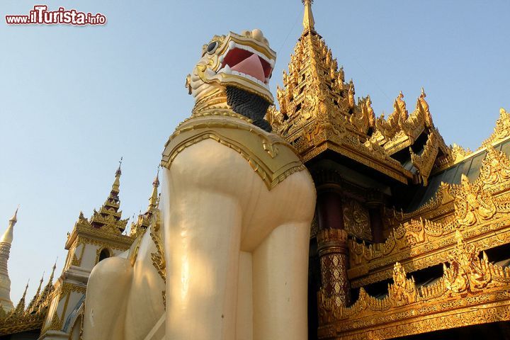 Immagine Cinthe il leone guardiano della Pagoda d'oro (Shwedagon Paya) di Yangon in Birmania - © Roberto Cornacchia / www.robertocornacchia.com