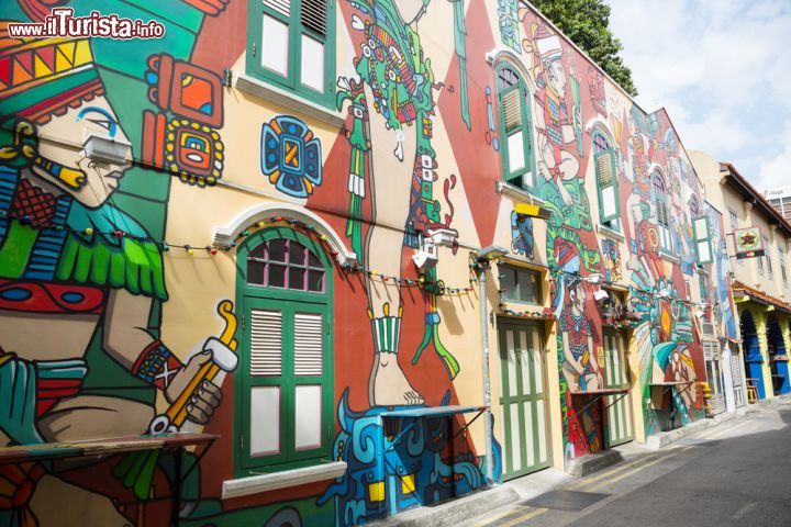 Immagine Graffiti su vecchi edifici a Haji Lane, Singapore. Le facciate di alcune costruzioni di Haji Lane, nel distretto arabo, sono ricoperte da murales variopinti - © DoublePHOTO studio / Shutterstock.com