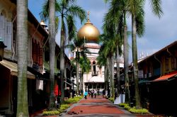 Bussorah Street a Kampong Glam, Singapore. Negozi e botteghe artigianali in Bussorah Street accompagnano alla Masjid Sultan Singapura Mosque, costruita fra il 1924 e il 1928, nello storico distretto ...