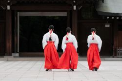 Tre donne in abiti tradizionali attraversano la piazza del tempio di Yoyogi Park a Tokyo - © Richard Rigby  / Shutterstock.com