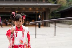 Una bambina con kimono tradizionale durante un matrimonio presso il Santuario di Meiji a Tokyo - © Jirat Teparaksa / Shutterstock.com