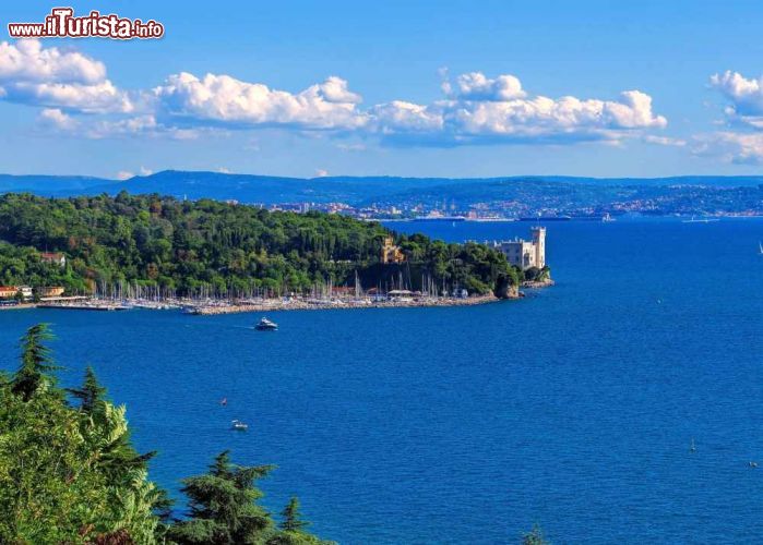 Immagine Il Golfo di Trieste in una bella giornata di sole, con il Castello di Miramare che si erge sul promntorio di Grignano. La città rimane nascosta alle spalle del promontorio