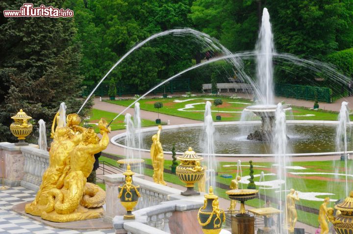 Immagine Fontane nel parco di Peterhof, San Pietroburgo, Russia. Una bella immagine dei giochi d'acqua che si possono ammirare nei giardini di questa sontuosa reggia dello zar situata sulle rive del Golfo di Finlandia e fatta costruire per volere di Pietro il Grande fra il 1714 e il 1723 - © gracious_tiger / Shutterstock.com