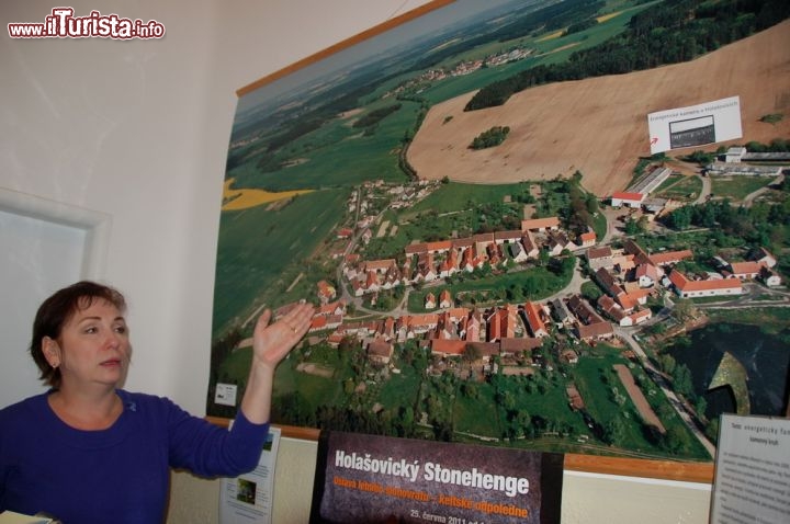 Vista dall'alto del villaggio di Holasovice, al centro visitatori spiegano la struttura delle fattorie