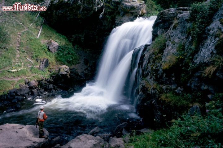 Pesca in Wyoming nei pressi la piccola cascata di Moose Falls a Yellostone. Credit: Fred Pflughoft