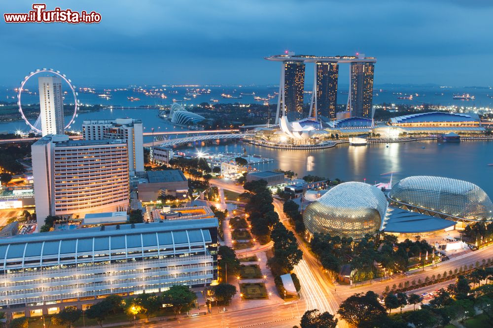 Immagine Panorama serale di Singapore, sulla destra le due cupole di Esplanade theater on The Bay