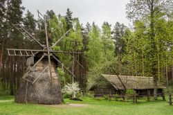 Un tradizionale mulino a vento in legno al Museo Etnografico Lettone di Riga