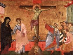 Una crocifissione opera di Guido Da Siena: è esposta in una sala della Pinacoteca Nazionale di Siena