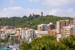 Palma di Maiorca e in alto il profilo del Castello di Bellver, Spagna