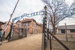 L'ingresso al campo di concentramento di Auschwitz (Oświęcim, Polonia) con l'aghiacciante scritta "Arbeit macht frei" (letteralmente: il lavoro rende liberi).