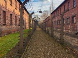 Il filo spinato divide alcuni edifici nel campo di concentramento di Auschwitz, nella città polacca di Oświęcim.