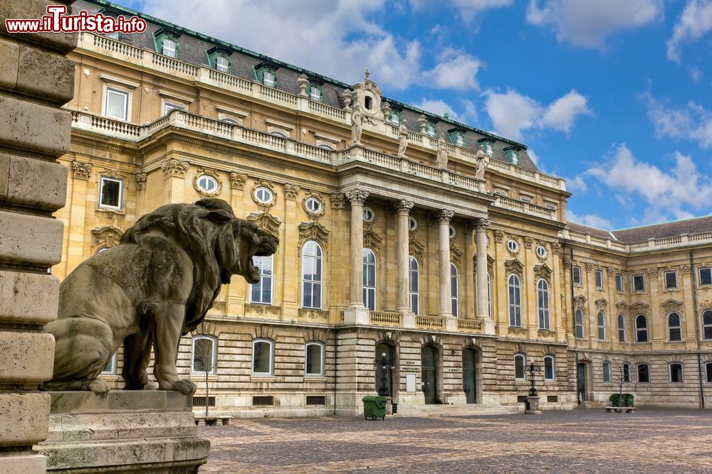 Immagine Una bella veduta del cortile interno del Castello Reale di Budapest, Ungheria. Le ali del palazzo si articolano attorno al Cortile del Leone chiamato così per via delle sculture di guardia che rappresentano questo felino.
