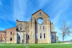 L'abbazia cistercense di San Galgano, Siena, Toscana. Une bella veduta di questa maestosa chiesa scoperchiata che si erge in mezzo al nulla nelle campagne di Siena - © Georgia Carini ...