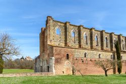 La maestosa architettura medievale della chiesa di San Galgano, Siena, Toscana. Le fiancate laterali dell'edificio religioso mostrano le caratteristiche architettoniche principali della ...