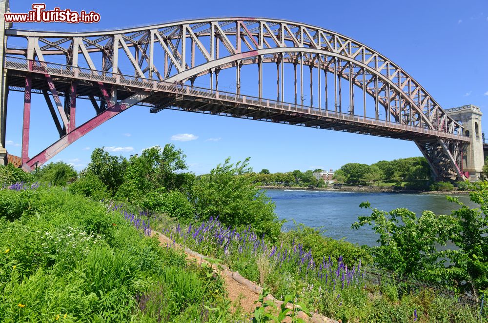 Immagine L'Hell Gate Bridge (East River Arch Bridge) a New York City è un ponte ferroviario della Grande Mela tra Randall's Island e il Queens. Fu utilizzato come modello per costruire l'Harbour Bridge di Sydney.