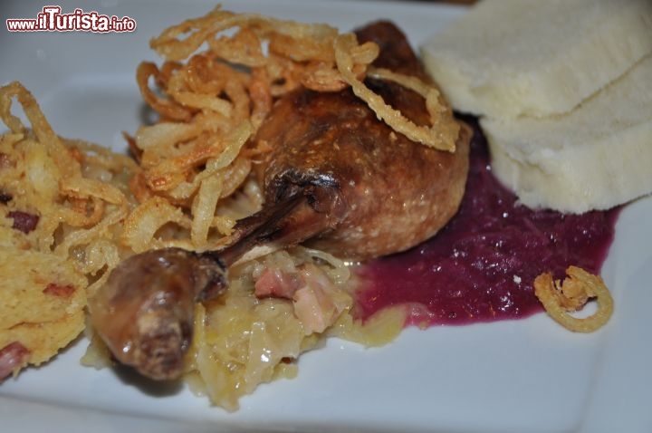 magnifico piatto tipico della Moravia con anatra, patate e damplings, servito all'Hotel Horal di Velke Karlovice